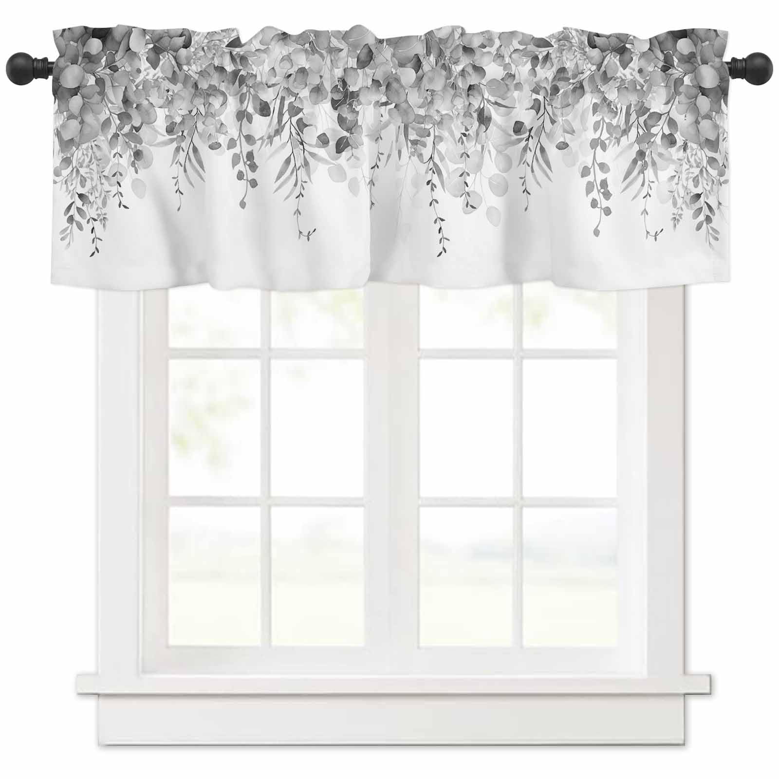 Curtain Valance For Windows Gray Eucalyptus Rod Pocket Valance Window Treatments 1 Panel Watercolor Leaves Short Curtains For Ki