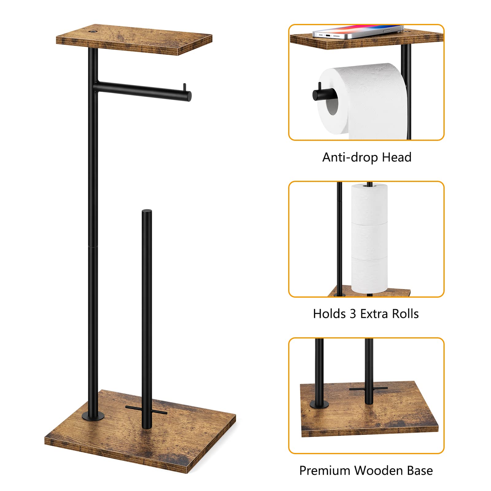 BTY Rustic Brown Farmhouse Toilet Paper Dispenser - Freestanding Tissue Roll Holder with Shelf for Bathroom Storage