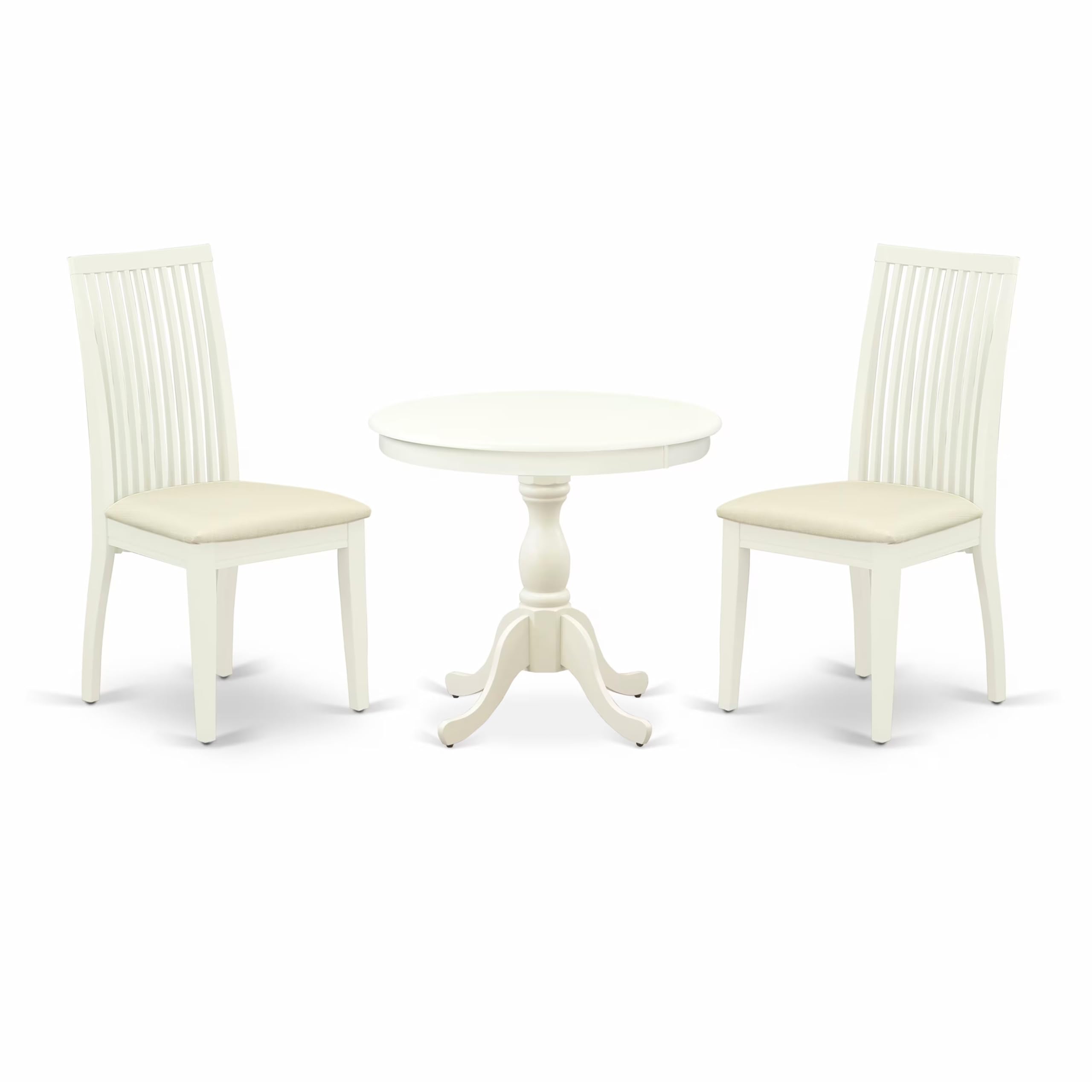 East West Furniture AMIP3-LWH-C 3 Piece Dining Set Contains a Round Dining Room Table with Pedestal and 2 Linen Fabric Upholstered Chairs, 36x36 Inch, Linen White