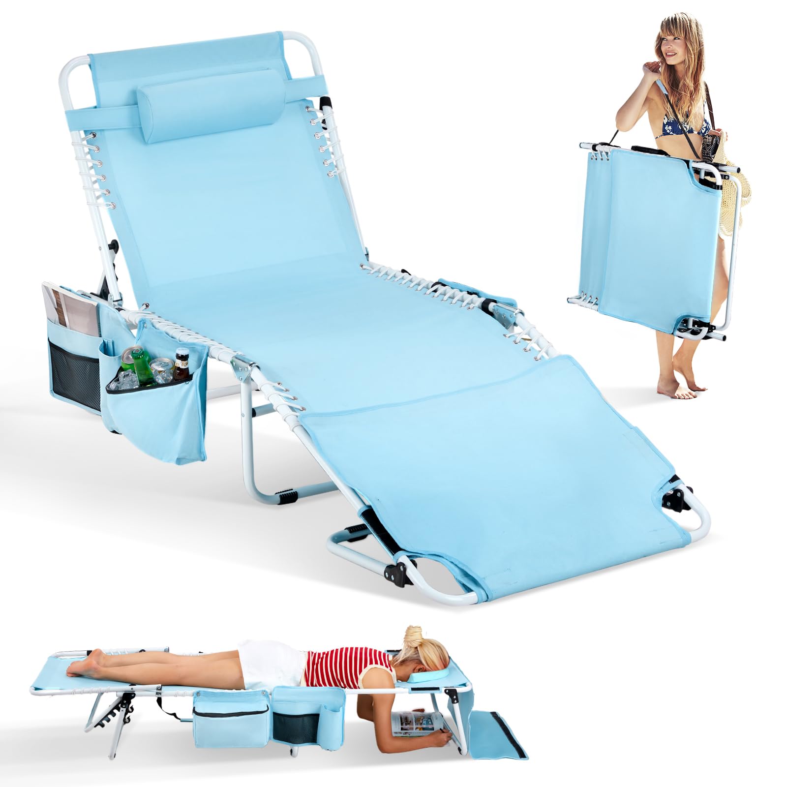 Bonnlo Oversized Folding Tanning Chair with Face Hole & Carrying Bag,Beach Lounge Chair Outdoor for Adults, Portable Sunbathing 