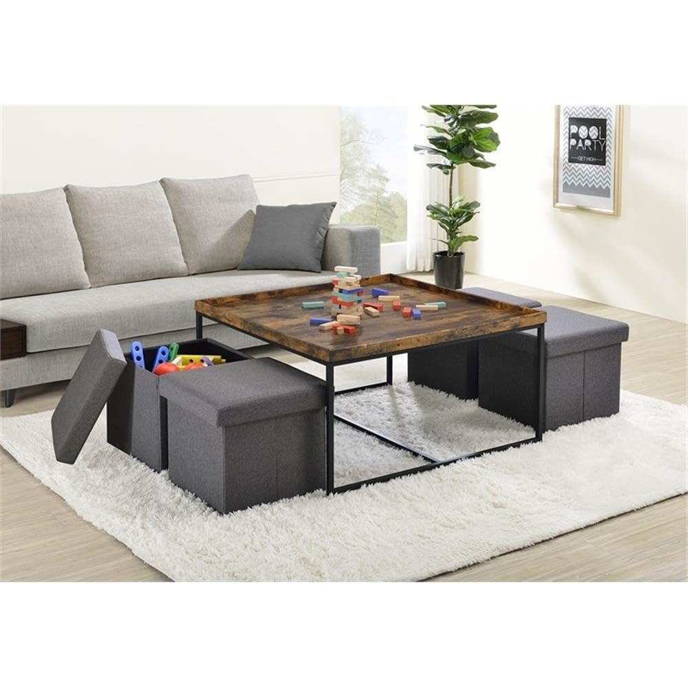 Lilola Home Vinny Rustic Brown Wood Grain 5 Piece Coffee Table Set with Raised Edges