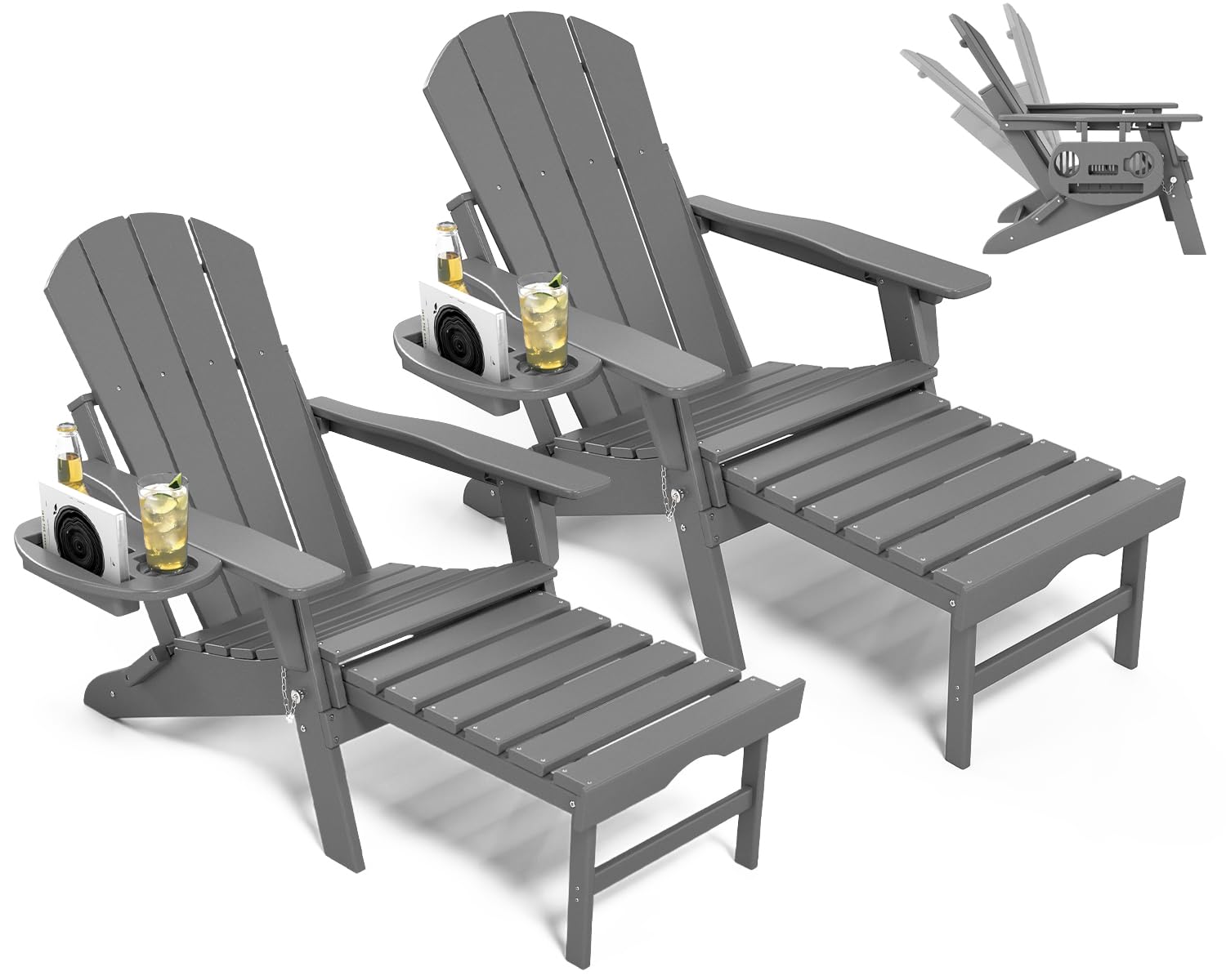 NAVINE Adjustable Adirondack Chair with Retractable Ottoman Set of 2, HDPE Folding Adirondack Chair with Cup Holder, All Weather