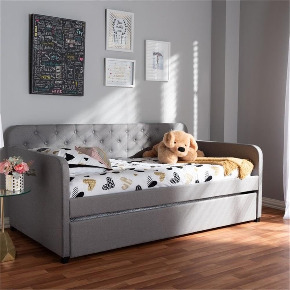 Baxton Studio Camelia Modern and Contemporary Grey Fabric Upholstered Button-Tufted Twin Size Sofa Daybed with Roll-Out Trundle Guest Bed
