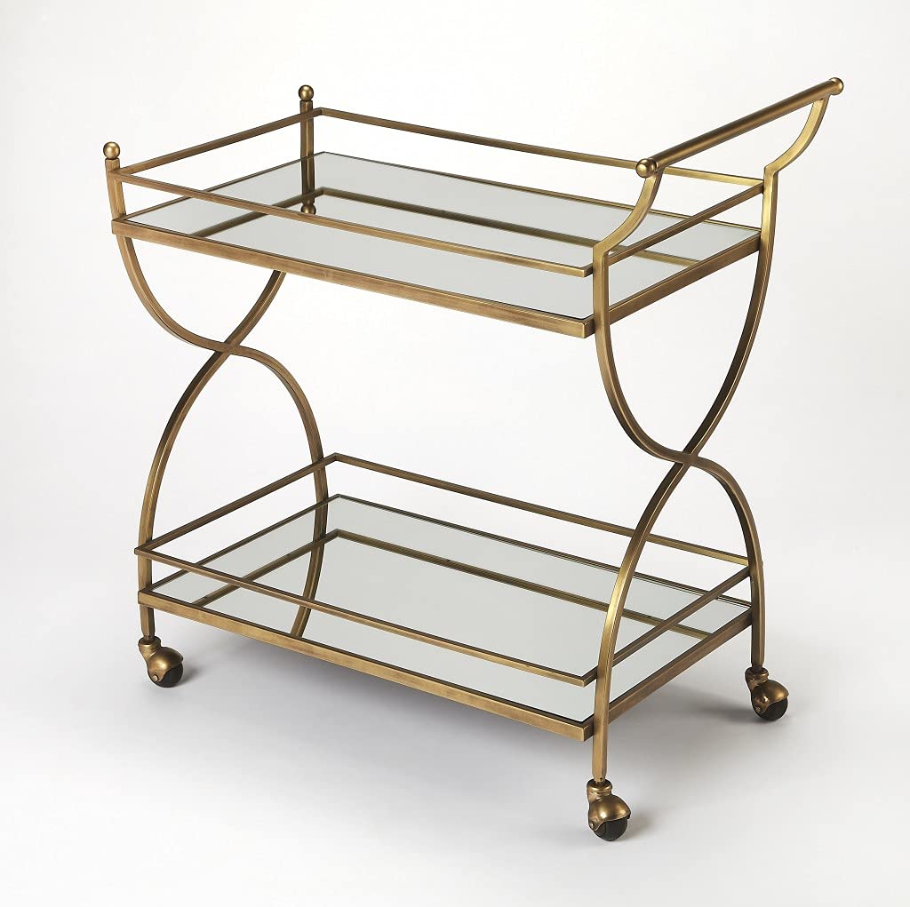 HomeRoots Stainless Steel, Aluminium, MDF, Mirrored Glass Antique Gold Bar Cart