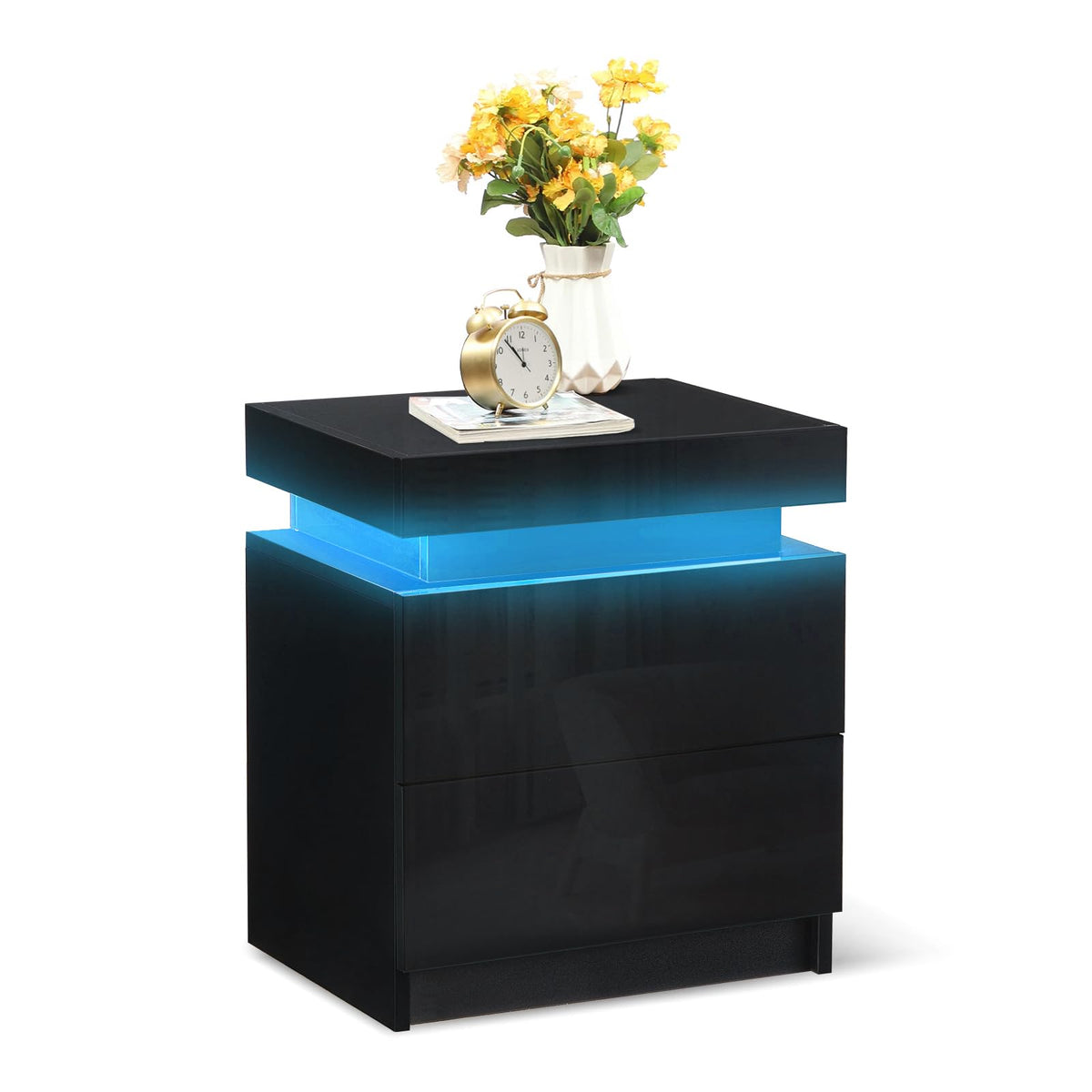Tukailai Modern Nightstand With Led Light, 2 Drawers High Gloss Chest Of Drawers Bedside Table Cabinet For Bedroom Living Room (Black)