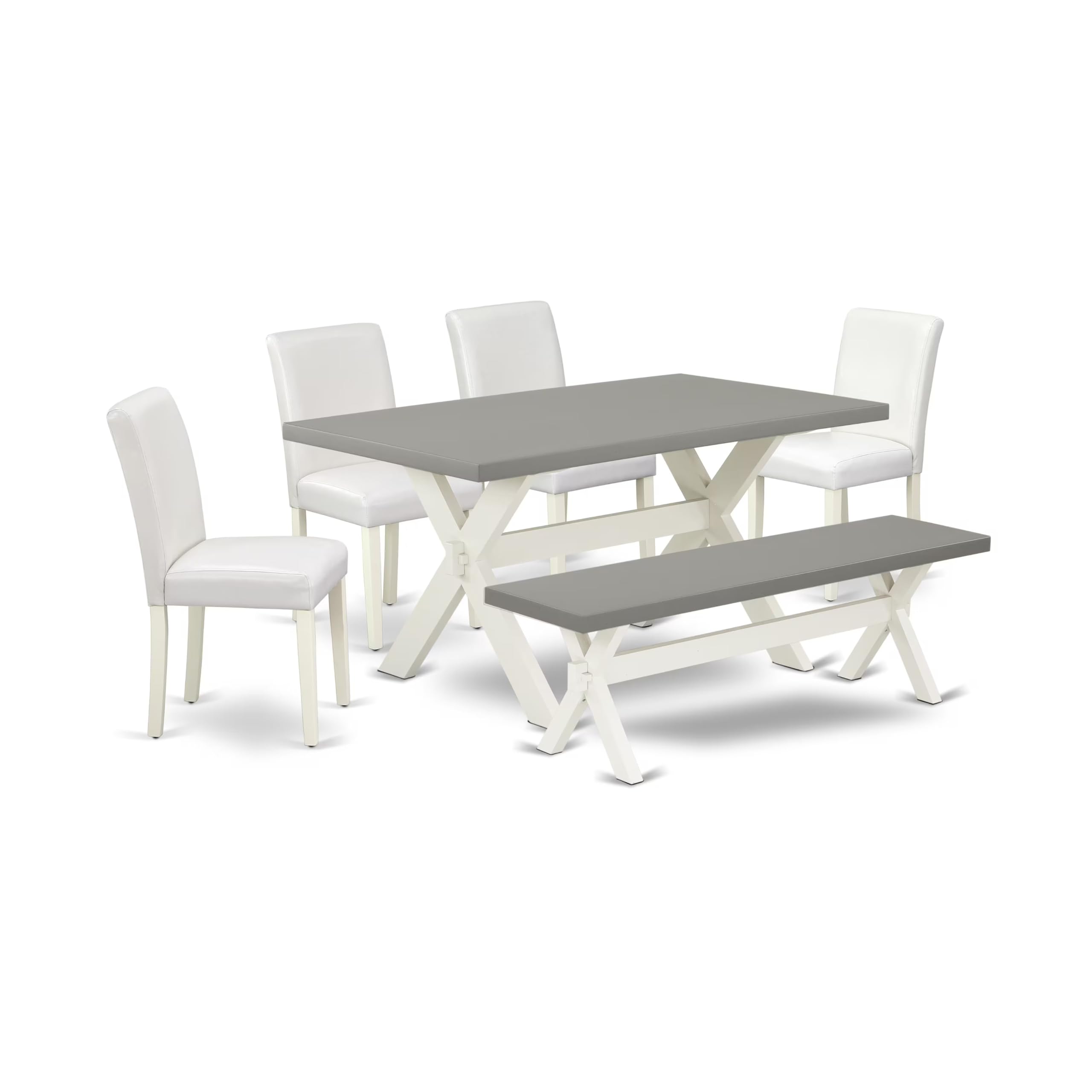 East West Furniture X096Ab264-6 6 Piece Dining Room Table Set Contains A Rectangle Dining Table With X-Legs And 4 White Faux Leather Parson Chairs With A Bench, 36X60 Inch, Multi-Color