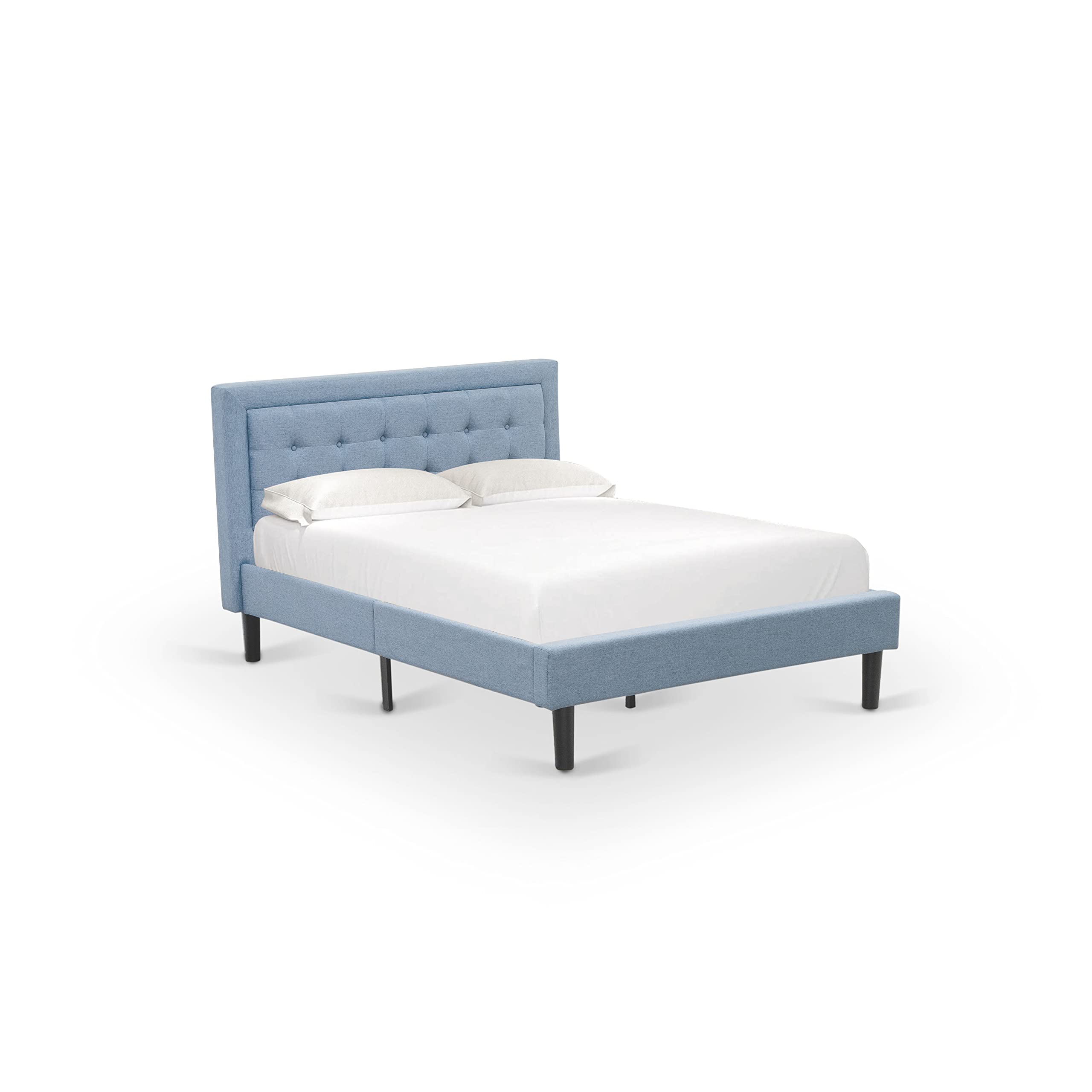 East West Furniture FNF-11-F Platform Full Bed Frame - Denim Blue Linen Fabric Upholstered Bed Headboard with Button Tufted Trim Design - Black Legs