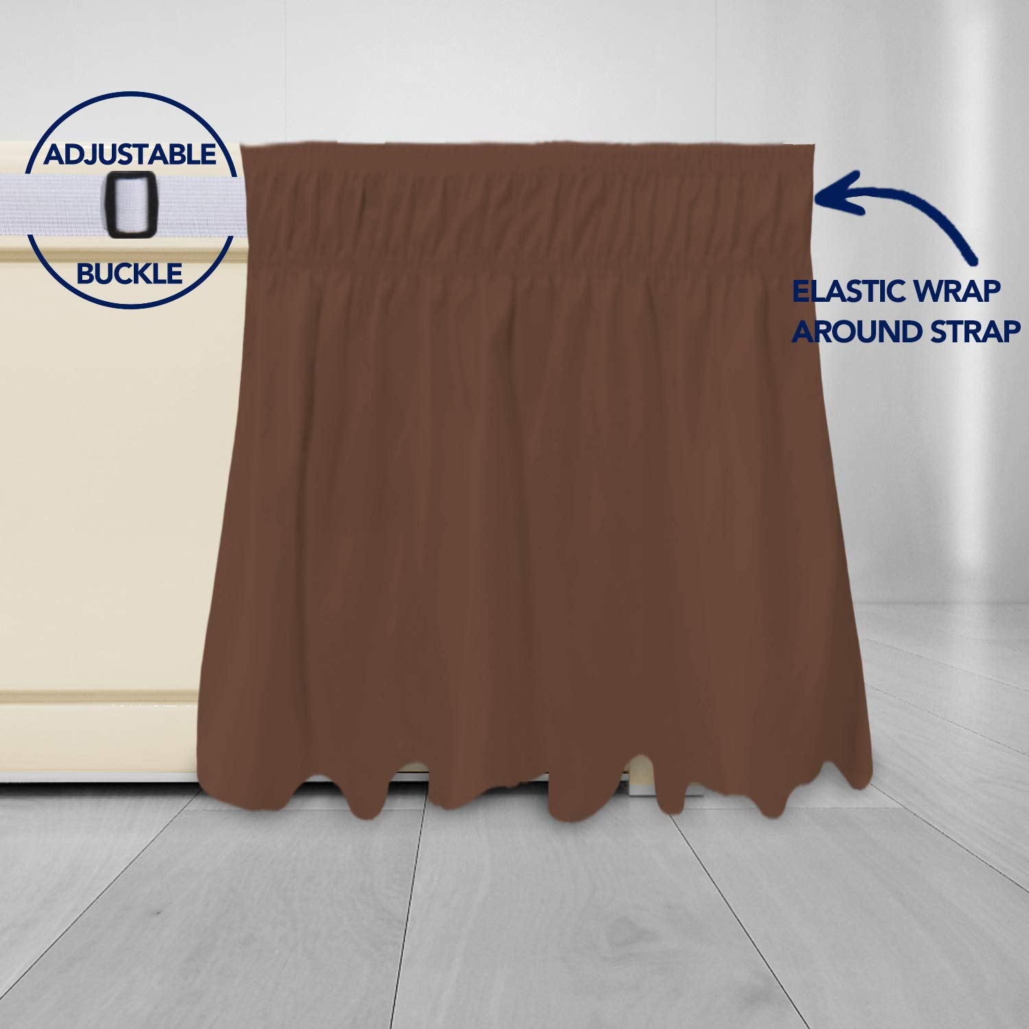 Purefit Wrap Around Ruffled Bed Skirt With Adjustable Elastic Belt - 18 Inch Drop Easy To Put On, Wrinkle Free Bedskirt Dust Ruffles, Bed Frame Cover For Queen, King And C-King Size Beds, Brown