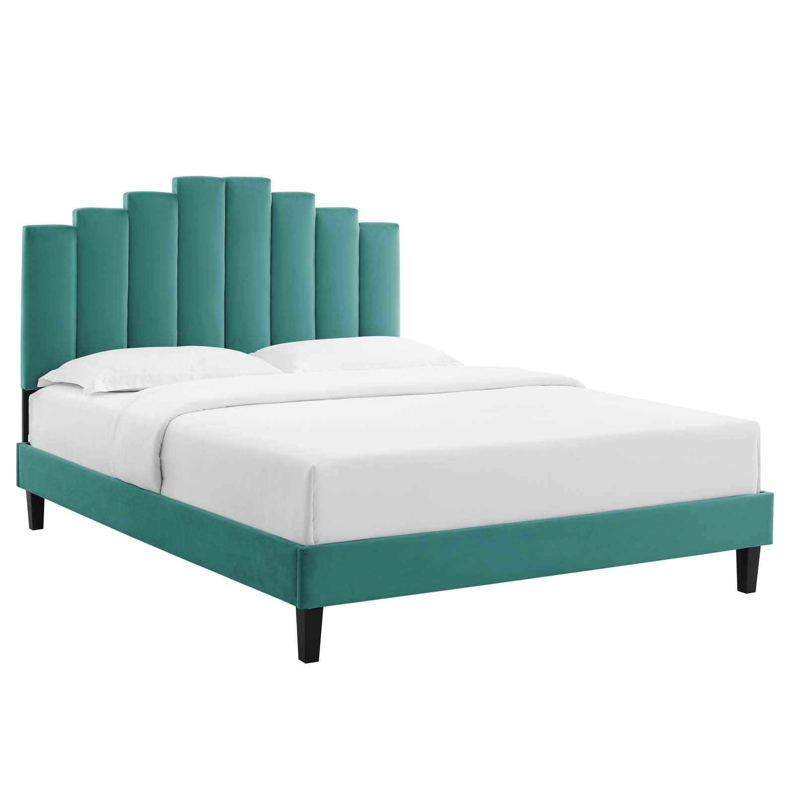 Modway Elise Channel Tufted Performance Velvet Full Platform Bed In White With Black Wood Legs, Twin, Teal