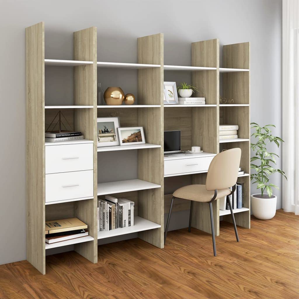 vidaXL Bookshelf, Book Cabinet Open Shelf Bookcase, Wall Bookshelf for Office Living Room, Shelving Unit, Modern, White and Sonoma Oak Engineered Wood