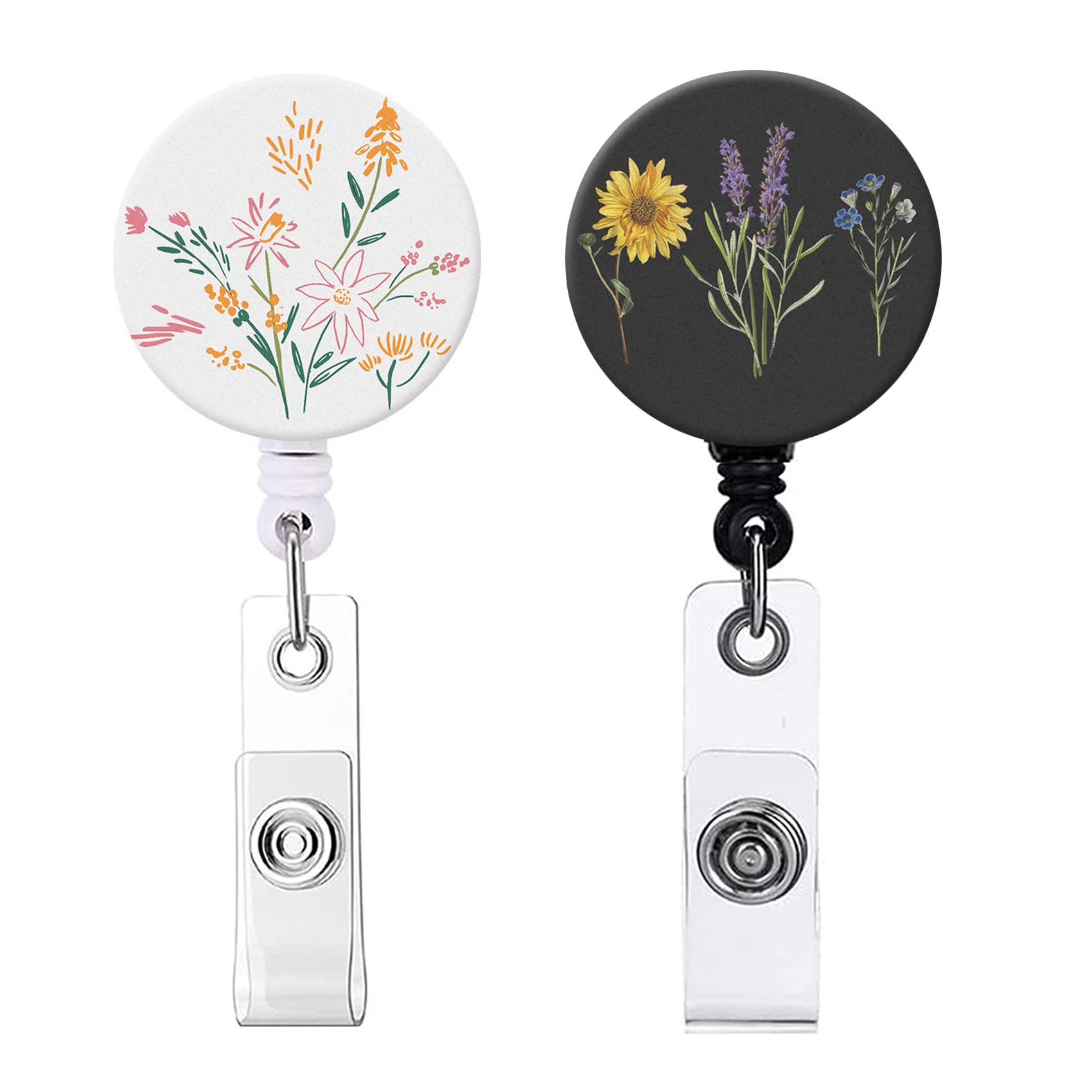Badge Reel Retractable Nurse Badge Holder Cute Name Decorative Badge Reels With Clip On Id Card Holders (2 Pack Wild Blooms)