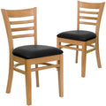 2 Pk. Natural Wood Finished Ladder Back Wooden Chair - Black Vinyl Seat