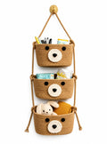 3 Tier Hanging Storage Basket Wall Organizer With Bear Face Design, Cotton Rope Woven Storage Bins, Space Saving Nursery Organiz