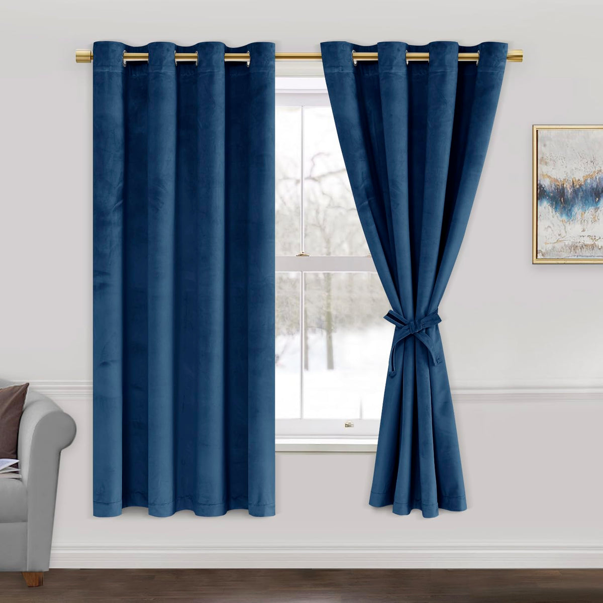 Jiuzhen Navy Velvet Curtains 63 Inches Blackout Curtains For Living Room - Thermal Insualted Room Darkening Grommet Thick Velvet