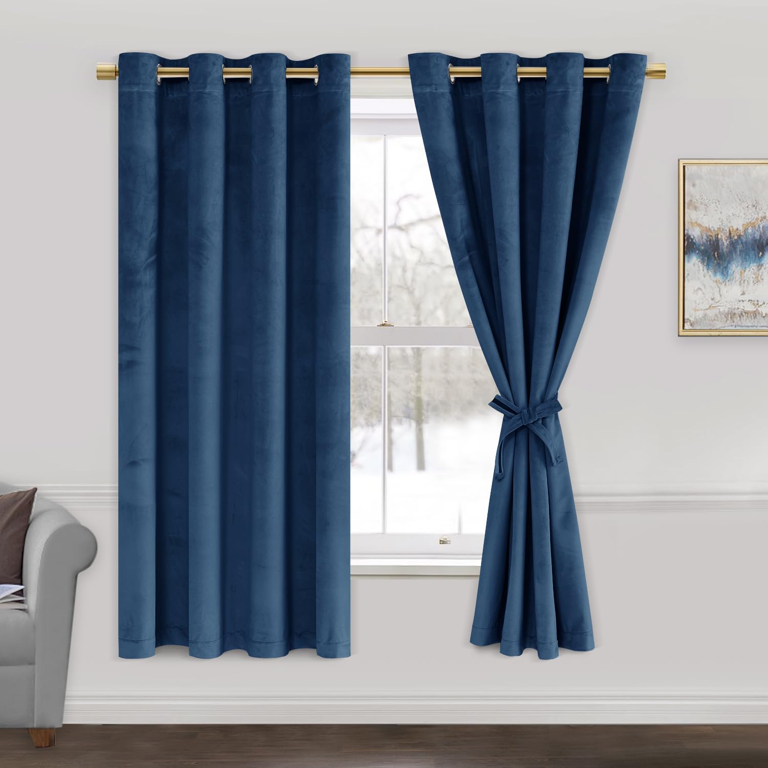 Jiuzhen Navy Velvet Curtains 63 Inches Blackout Curtains For Living Room - Thermal Insualted Room Darkening Grommet Thick Velvet