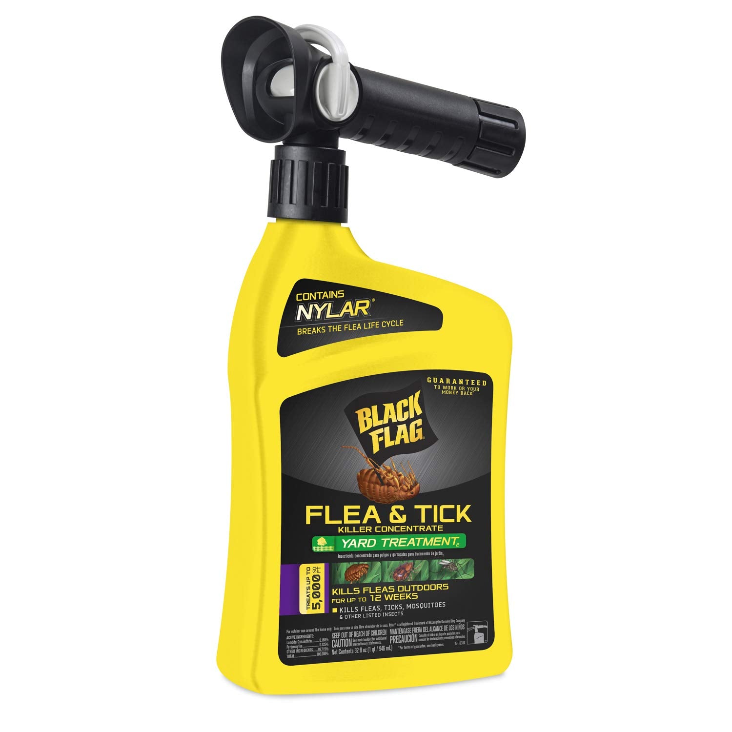 Black Flag Flea And Tick Killer Concentrate Yard Treatment, 32 Ounces, Ready To Spray, Quickflip Hose End Sprayer