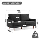 American Furniture Classics Black 69 Inch Wide Upholstered Two Cushion Sofa with Square Arms Velvet, 69" x 32" x 37"