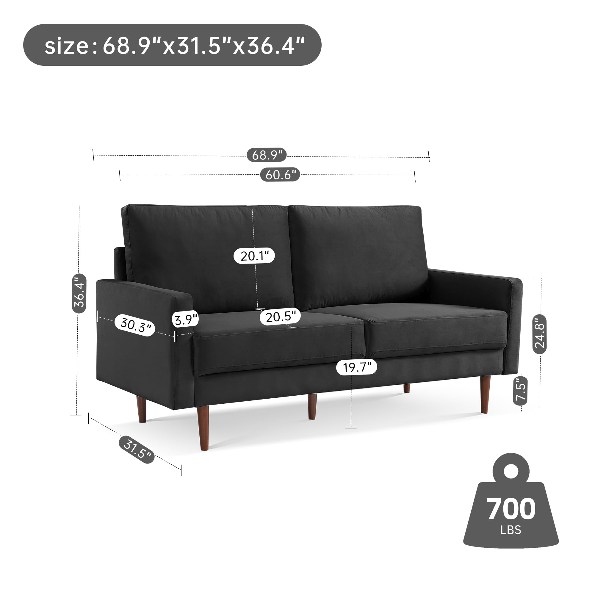 American Furniture Classics Black 69 Inch Wide Upholstered Two Cushion Sofa with Square Arms Velvet, 69" x 32" x 37"