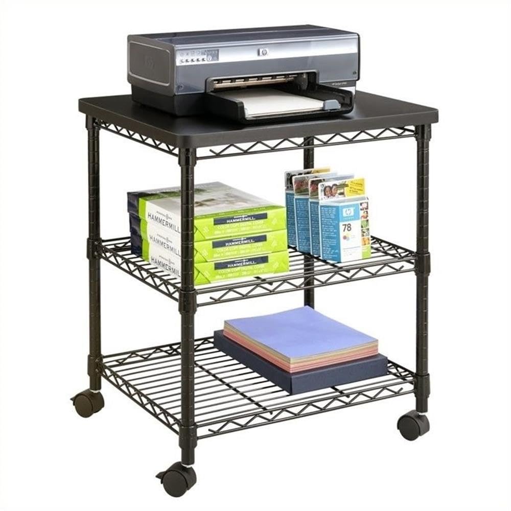 Safco Deskside 3 Tier Rolling Cart Printer Stand, Mobile Utility Table For Home Office With Steel Shelves, Black