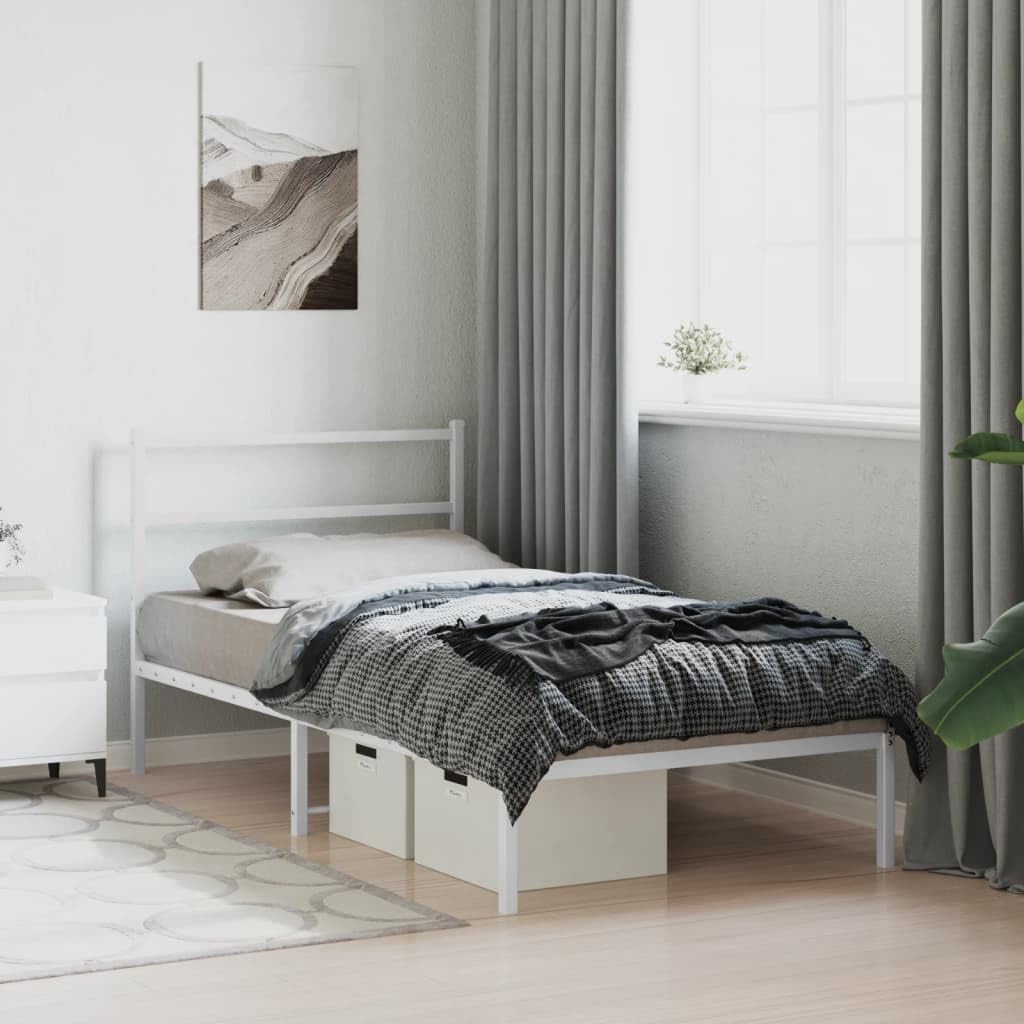 vidaXL Elegant White Single Bed Frame with Headboard - Steel Metal Construction, Underbed Storage, Metal Slats - 39.4"x78.7"