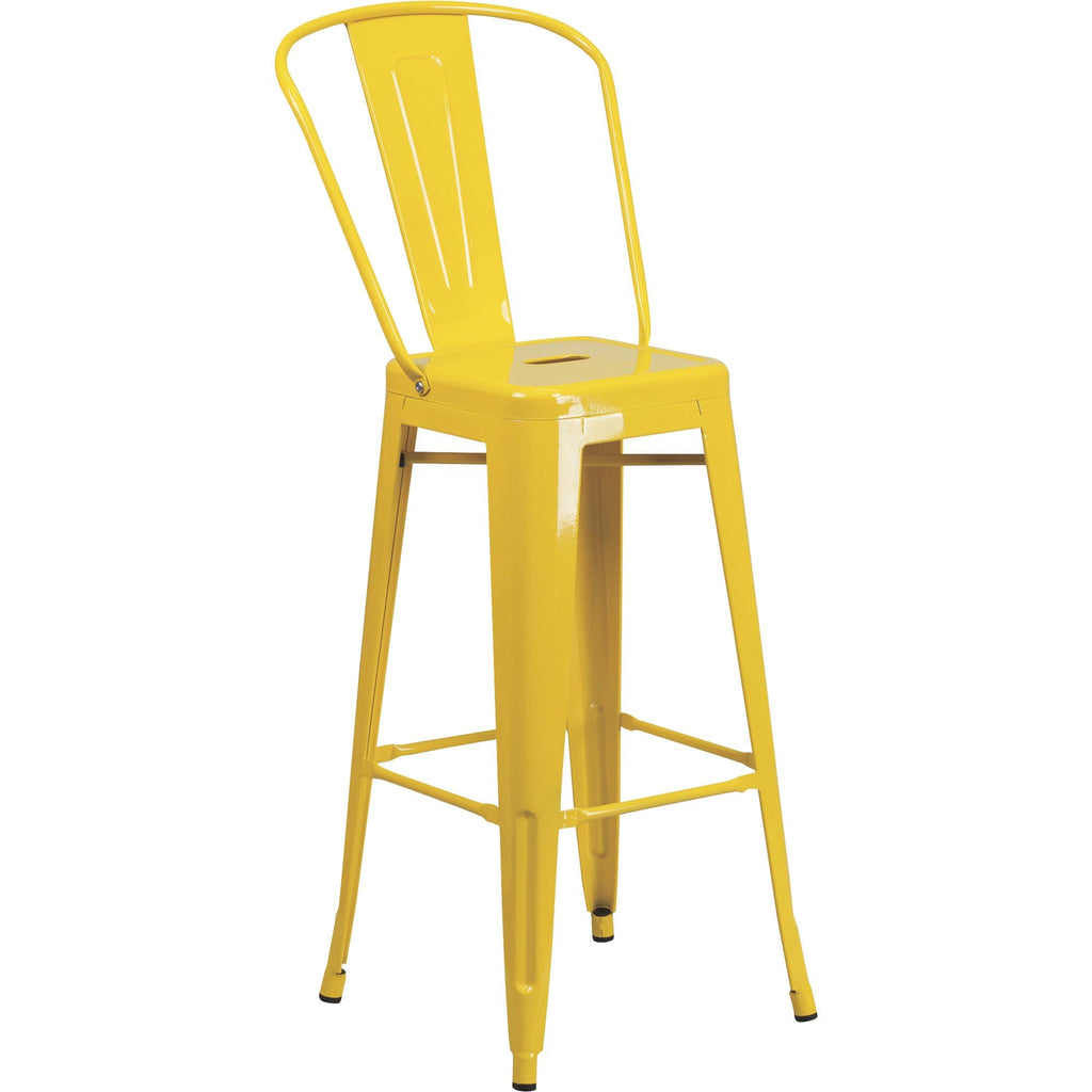 Flash Furniture Commercial Grade 23.75" Square Yellow Metal Indoor-Outdoor Bar Table Set With 2 Stools With Backs