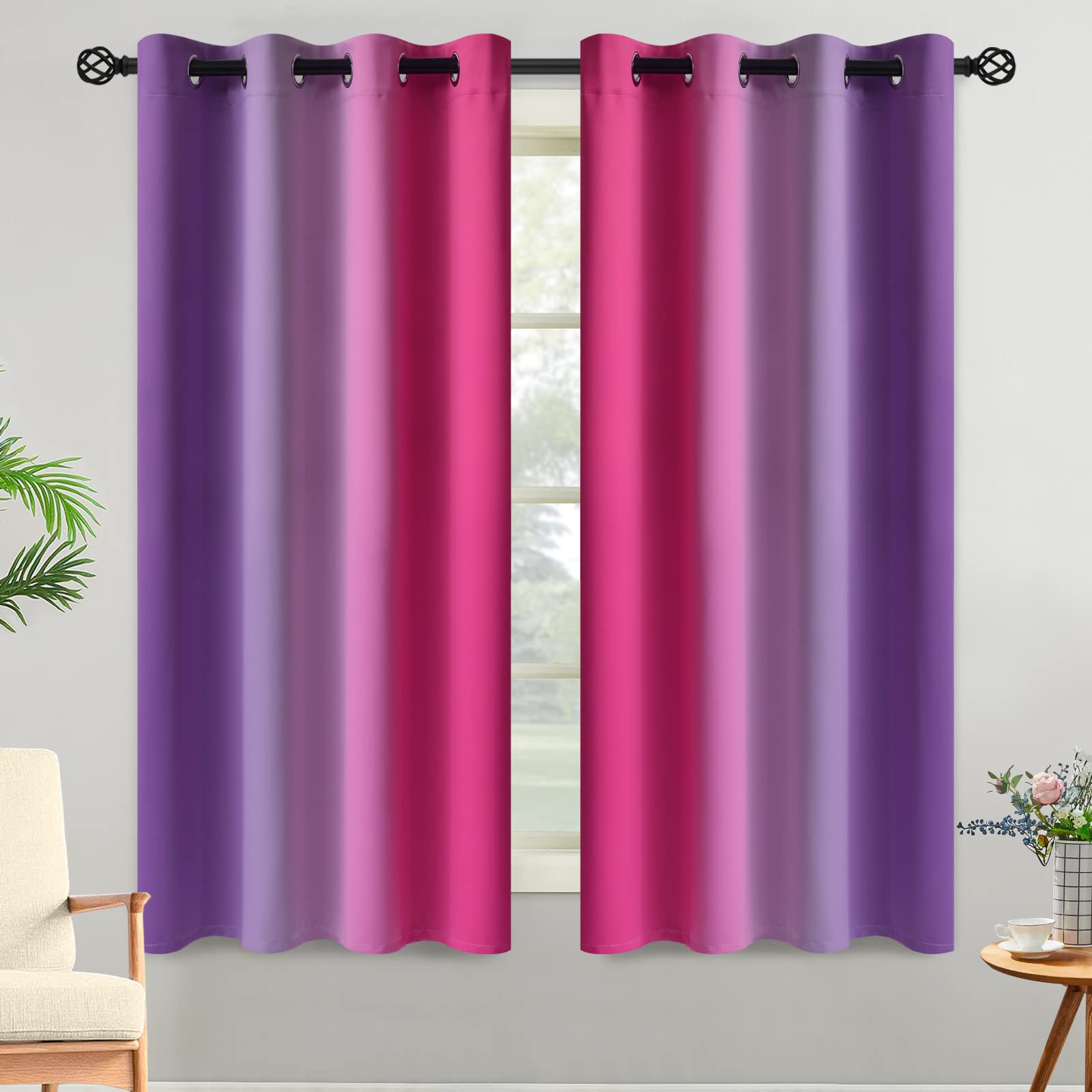 Yakamok Ombre Purple And Pink Curtains For Bedroom, Gradient Room Darkening Curtains 63 Inches Long,Grommet Thermal Insulated Li