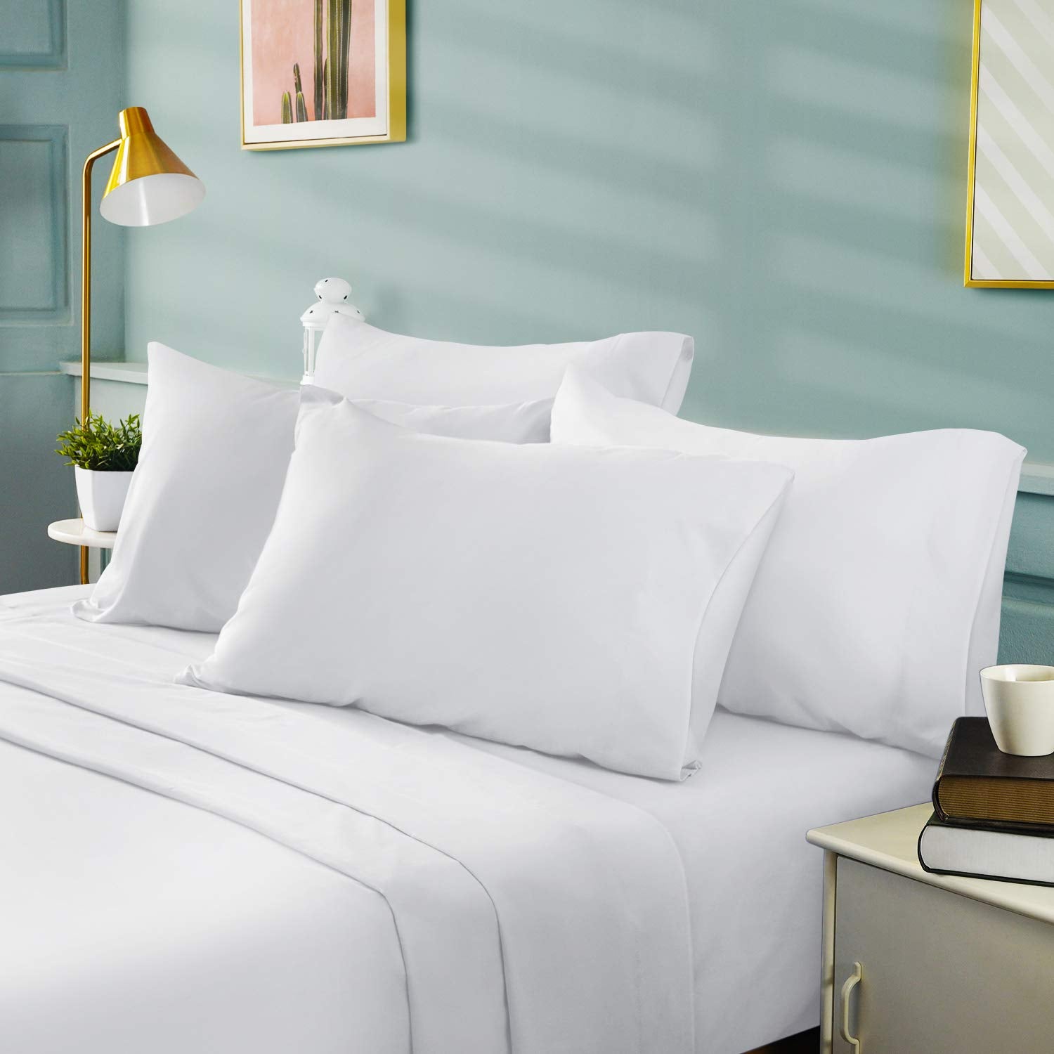 Bysure Hotel Luxury Bed Sheets Set 6 Piece(King, White) - Super Soft 1800 Thread Count 100% Microfiber Sheets With Deep Pockets,