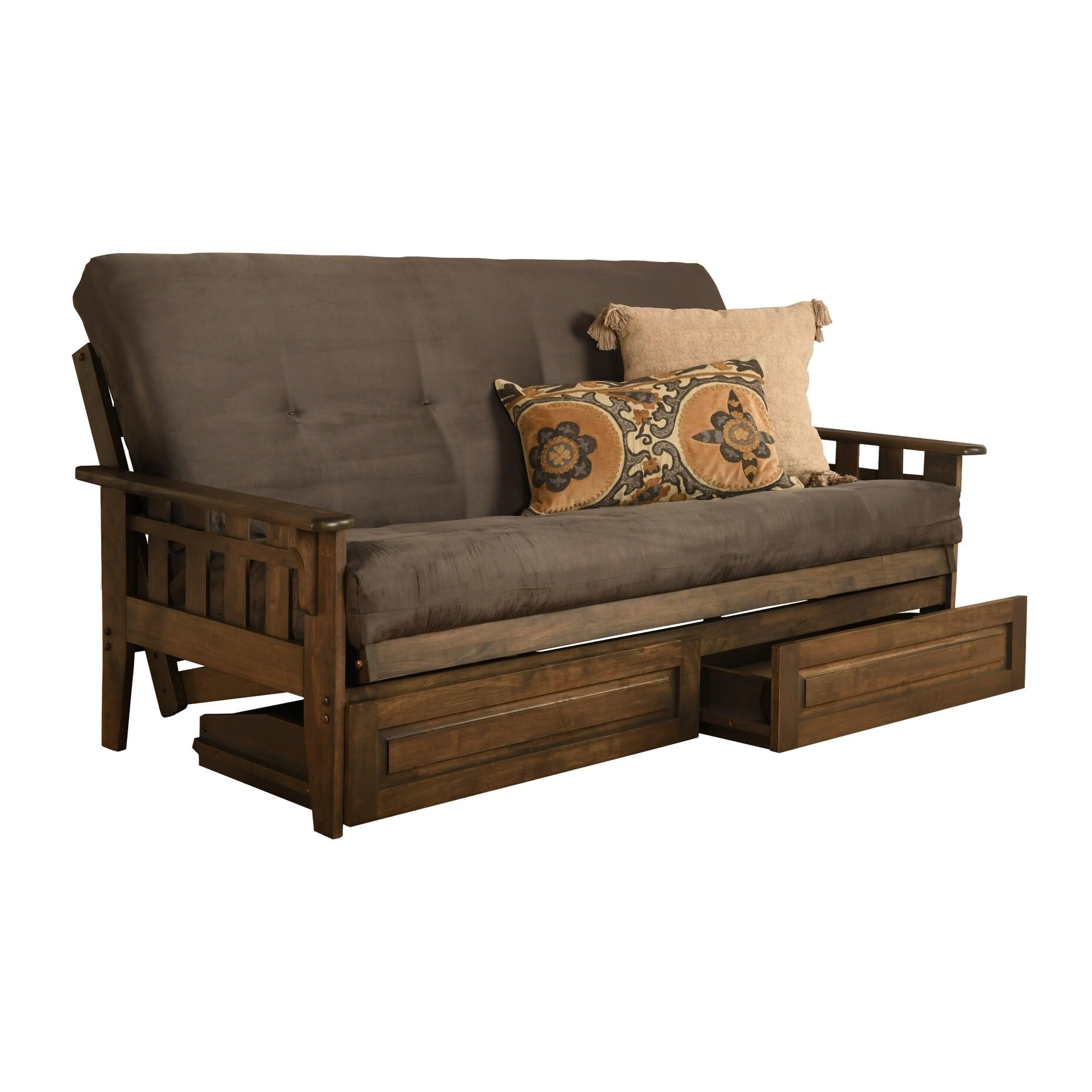 Kodiak Furniture Tucson Full Futon Set In Rustic Walnut Finish With Storage Drawers, Suede Gray
