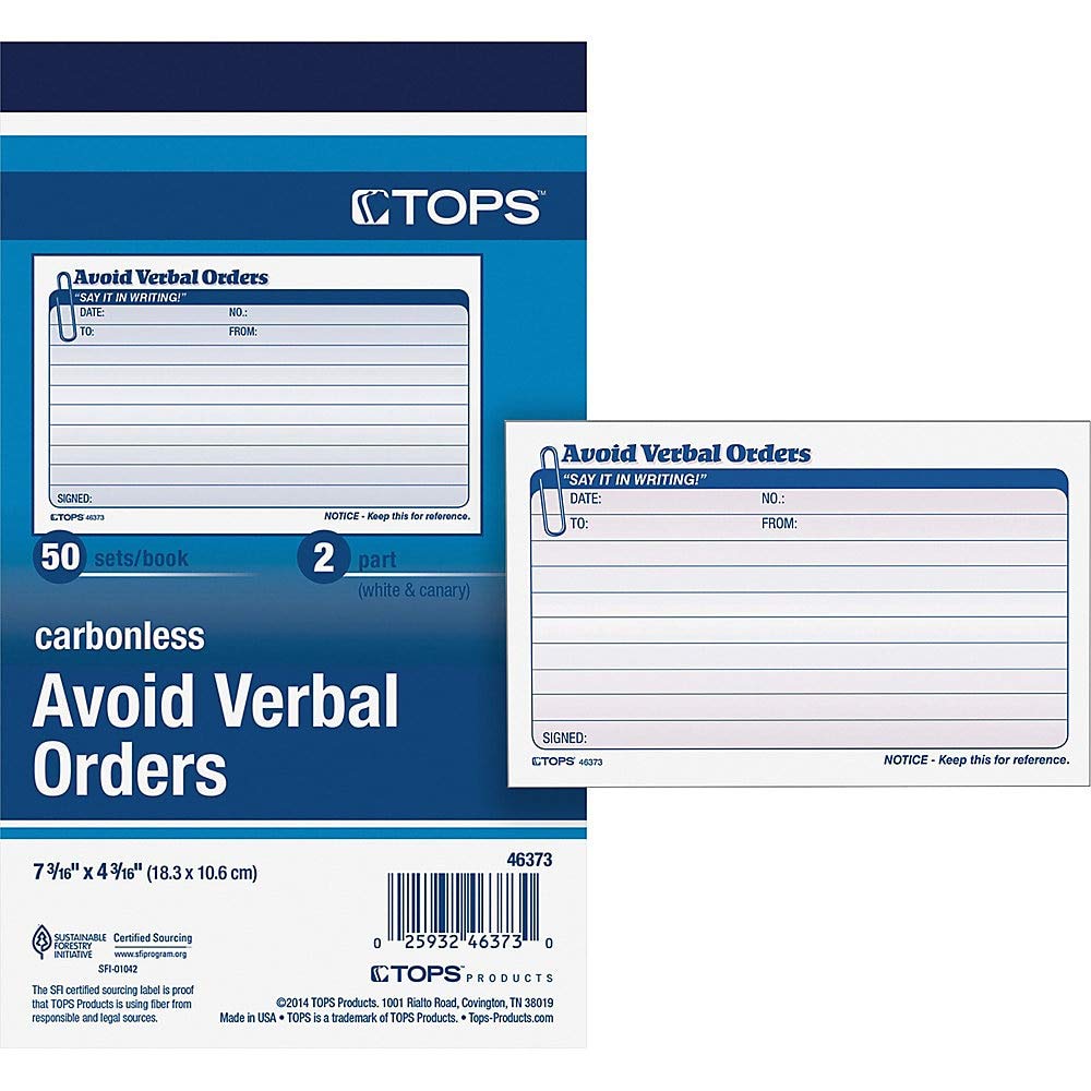 Tops Avoid Verbal Orders Book, 2-Part, Carbonless, White And Canary, 4.25 X 6.25 Inches, 50 Sets Per Book (46373)