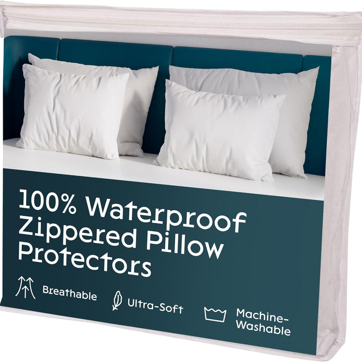 Niagara 4 Pack Waterproof Pillow Protectors Standard 20X26 Inches Smooth Zipper Premium Encasement Covers Quiet Cases Set White