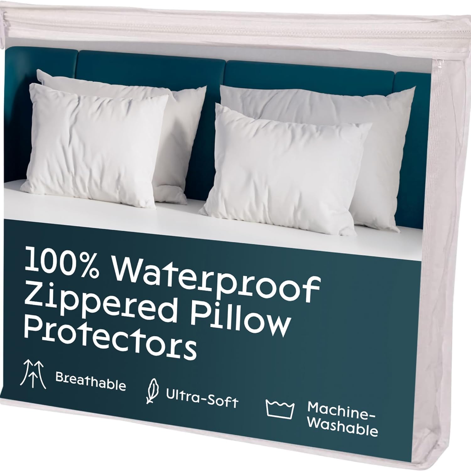 Niagara 4 Pack Waterproof Pillow Protectors Standard 20X26 Inches Smooth Zipper Premium Encasement Covers Quiet Cases Set White