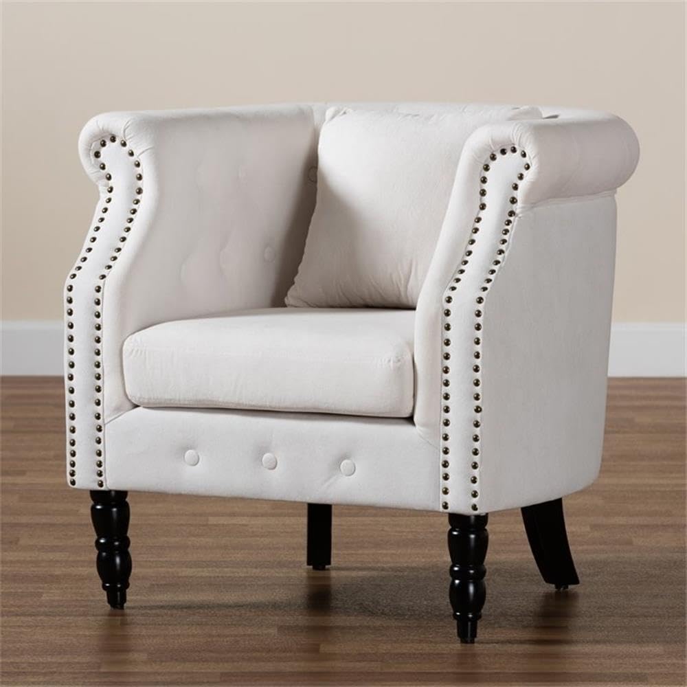 Baxton Studio Renessa Classic and Traditional Beige Velvet Fabric Upholstered and Dark Brown Finished Wood Armchair