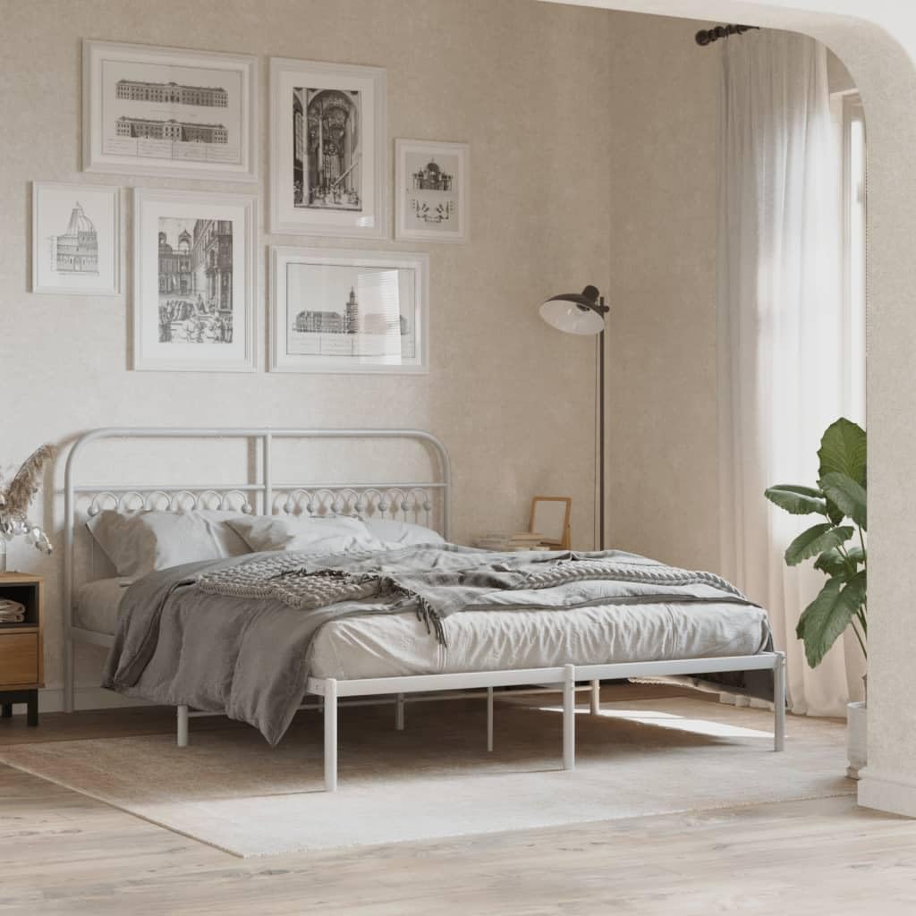 vidaXL King Size Metal Bed Frame with Headboard White Steel - 150x200 cm - Extra Storage Space - Stable and Durable