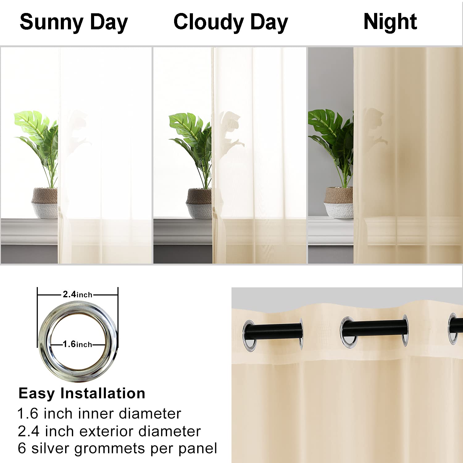 Hiasan Taupe Sheer Curtains 84 Inches Long With Tiebacks, Grommet Light Filtering Semi Transparent Voile Drapes Grommet Window Curtains For Living Room, Bedroom, W42 X L84, Set Of 2 Panels