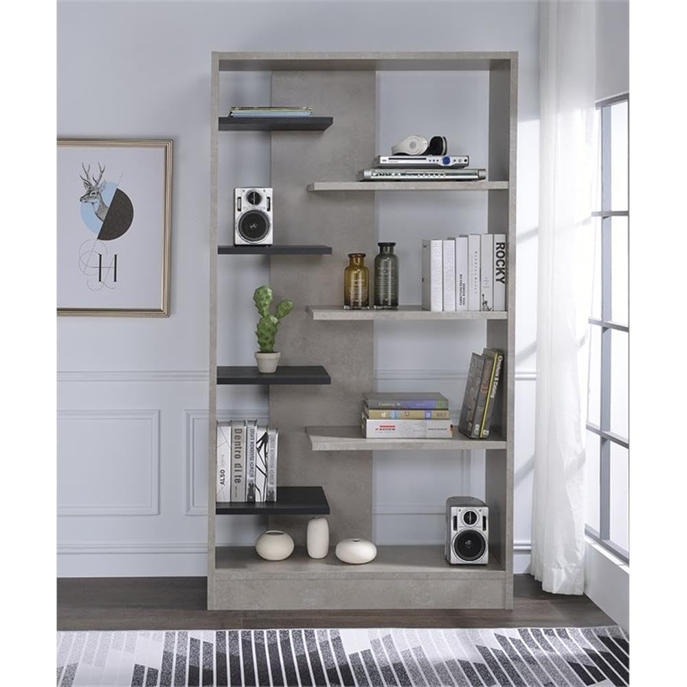 Acme Magna 8-Shelf Wooden Bookshelf in Faux Concrete and Black