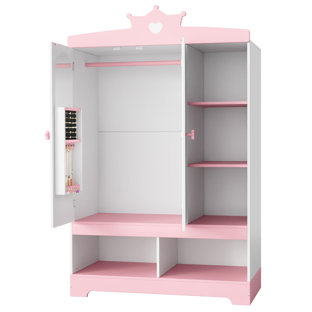 Kids Wardrobe Armoire with Mirror & Jewelry Storage, DressUp Organizer for Girls, Featuring Hanging Rack, Storage Shelves, and 