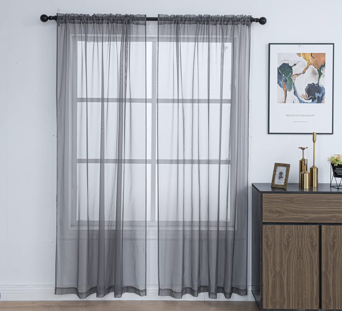 Pi Short Sheer Curtains 45 Inches Long With Rod Pocket,Casual Voile Sheer Window Treatment For Study/Office 2 Panels (W52 X L45, Dark Grey)