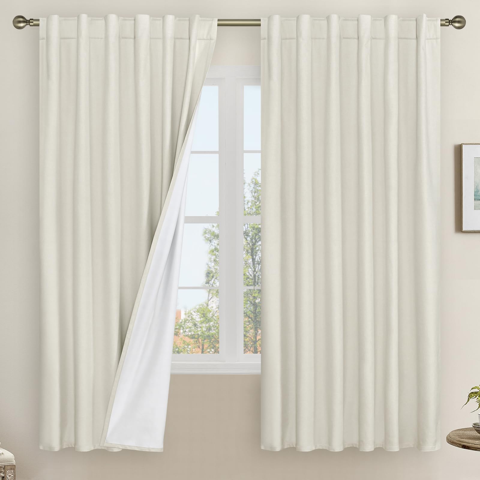 LAMIT 100% Blackout Ivory Linen Curtains, 60 Inches Linen Textured Thermal Bedroom Drapes Back Tab and Rod Pocket Neutral Panels