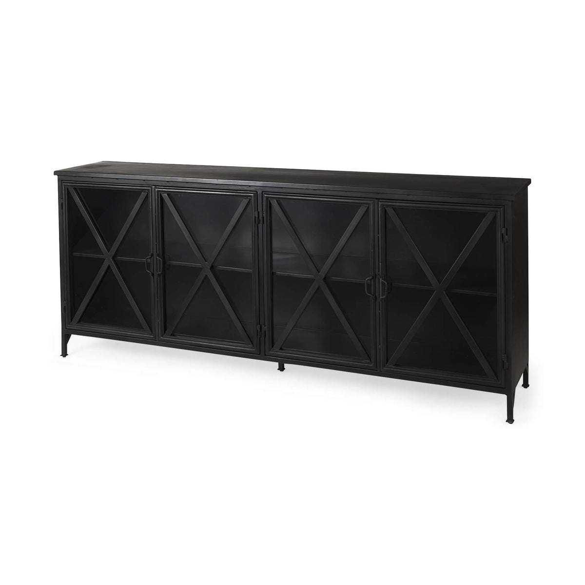 HomeRoots Metal, Glass Black Solid Metallic Bronze Finish Sideboard with 4 Glass Cabinet Doors