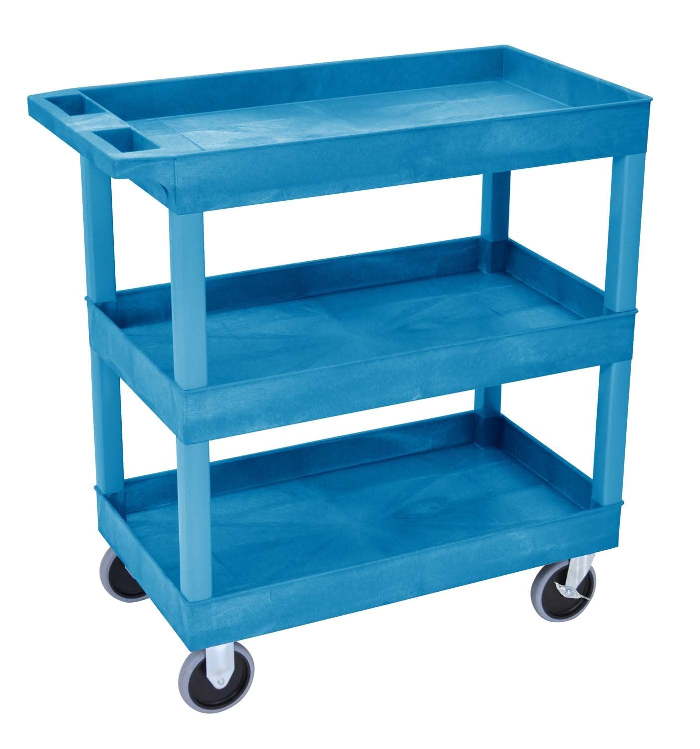 Luxor Three Shelf Heavy Duty High Capacity Tub Cart with Handle - 18D x 35.25W x 37.25H, Plastic, Blue