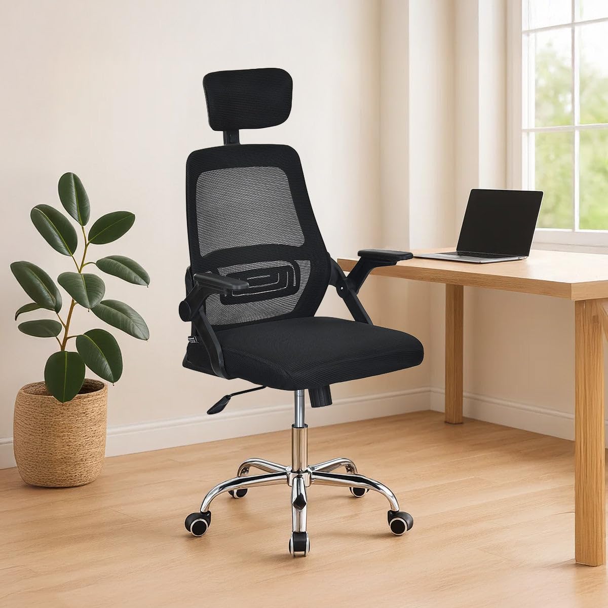 Nilkamal Vergo High Back Mesh Office Chair With Headrest | Adjustable Height And Swing Arms | Chair For Home, Desk, Study | Blac