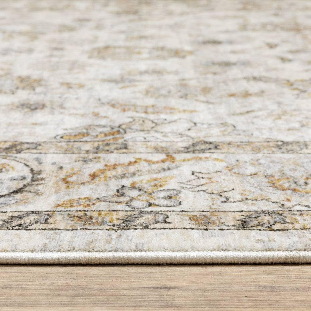 HomeRoots 509400 10 x 13 ft. Ivory & Gray Oriental Power Loom Stain Resistant Rectangle Area Rug with Fringe