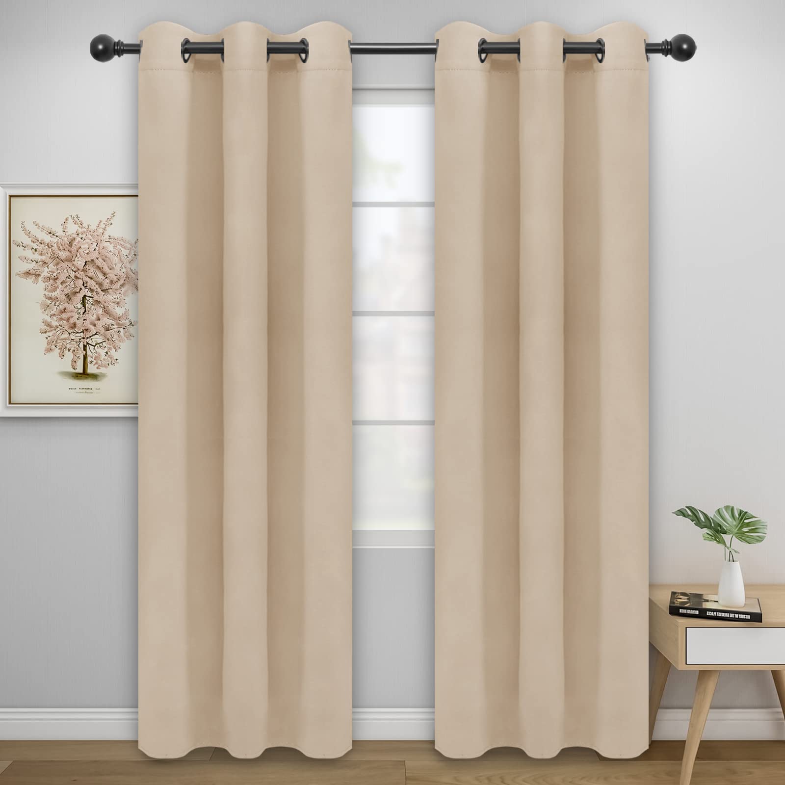 Easy-Going Blackout Curtains For Bedroom, Solid Thermal Insulated Grommet And Noise Reduction Window Drapes, Room Darkening Curtains For Living Room, 2 Panels (42X95 In, Beige)