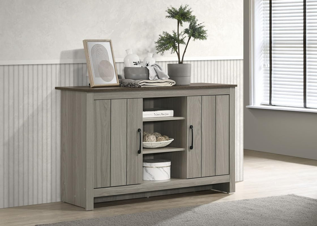 LILOLA LIVING Nyla 47" W Gray Oak Console Table, Buffet Table, Sideboard with Shelves and Cabinet Doors