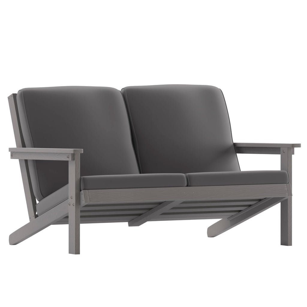 Flash Furniture Charlestown Adirondack Style Deep Seat Patio Loveseat With Cushions - Gray Poly Resin Frame - Gray All-Weather Cushions - Indoor/Outdoor