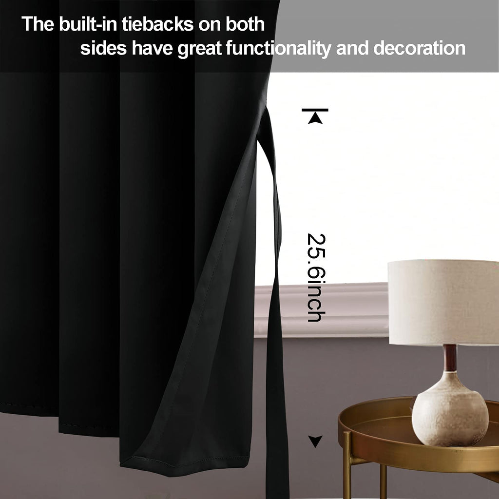 Jiuzhen Black Blackout Curtains With Tiebacks - Thermal Insulated, Light Blocking And Noise Reducing Grommet Curtain Drapes For Bedroom And Living Room, Set Of 2 Panels, 38 X 54 Inch Length