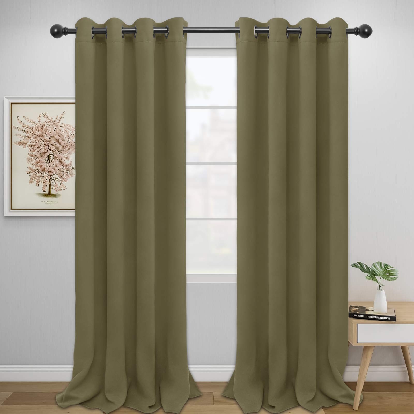 Easy-Going Blackout Curtains For Bedroom, Solid Thermal Insulated Grommet And Noise Reduction Window Drapes, Room Darkening Curtains For Living Room, 2 Panels (52X96 In,Khaki)