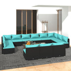 vidaXL 13 Piece Patio Lounge Set with Water-Resistant Cushions - Versatile Modular Outdoor Sofa Furniture - Black Poly Rattan and Blue Polyester