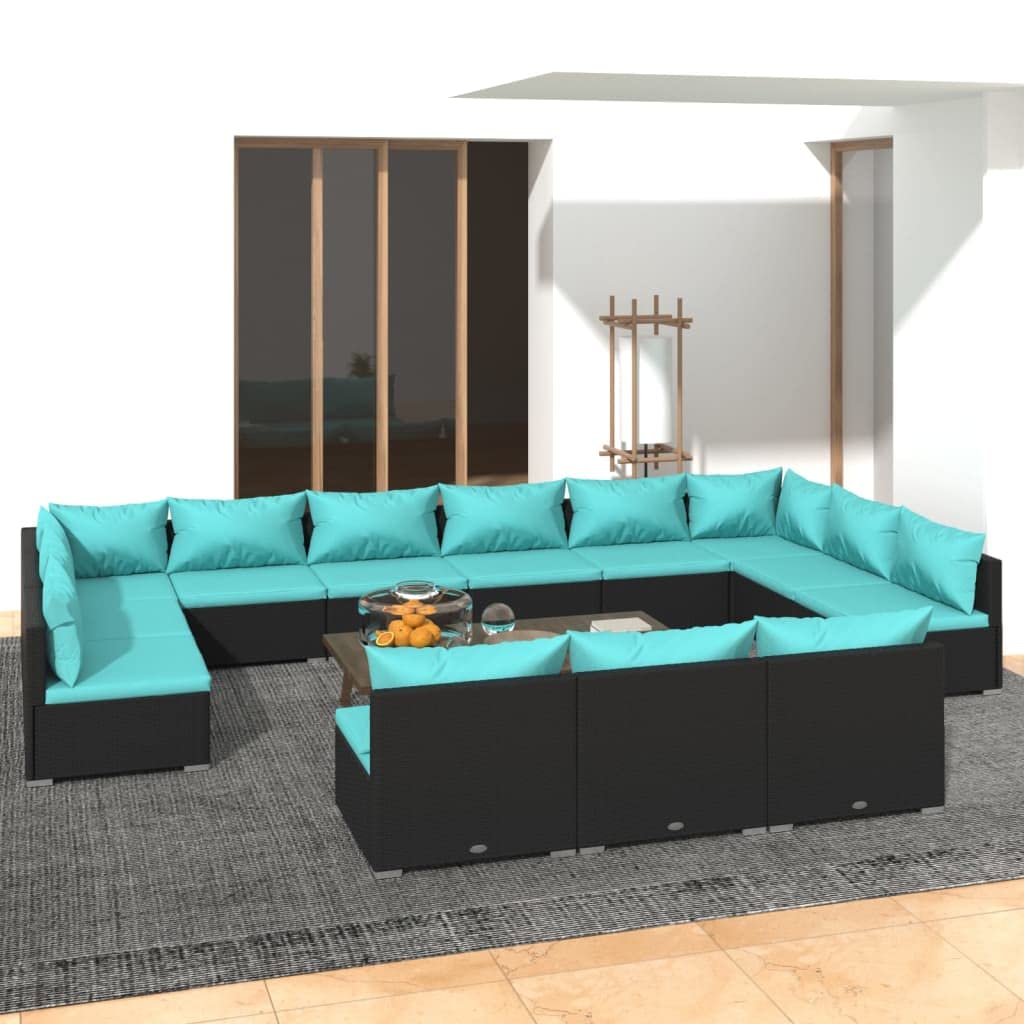 vidaXL 13 Piece Patio Lounge Set with Water-Resistant Cushions - Versatile Modular Outdoor Sofa Furniture - Black Poly Rattan and Blue Polyester