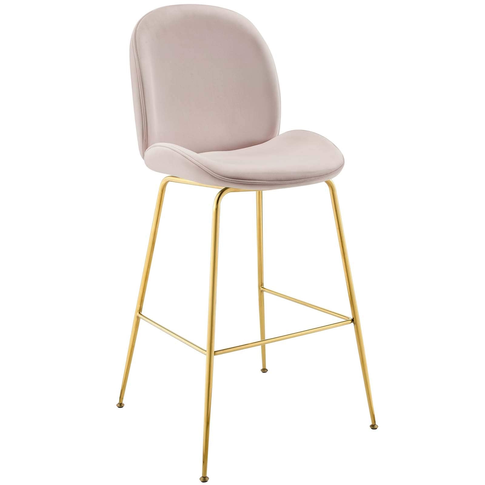 Modway Scoop Performance Velvet Dining Bar Stool With Gold Stainless Steel Metal Base In Pink
